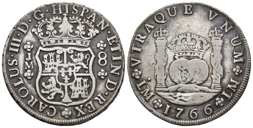 341   -  CARLOS III. 8 reales. 1766. Lima. JM. AR 26,5 g. 39,5 mm. VI-877. MBC-.