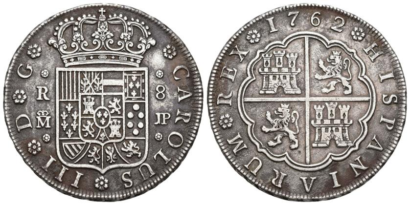 342   -  CARLOS III. 8 reales. 1762. Madrid. JP. AR 26,44 g. 40,1 mm. VI-908. MBC. Escasa. 