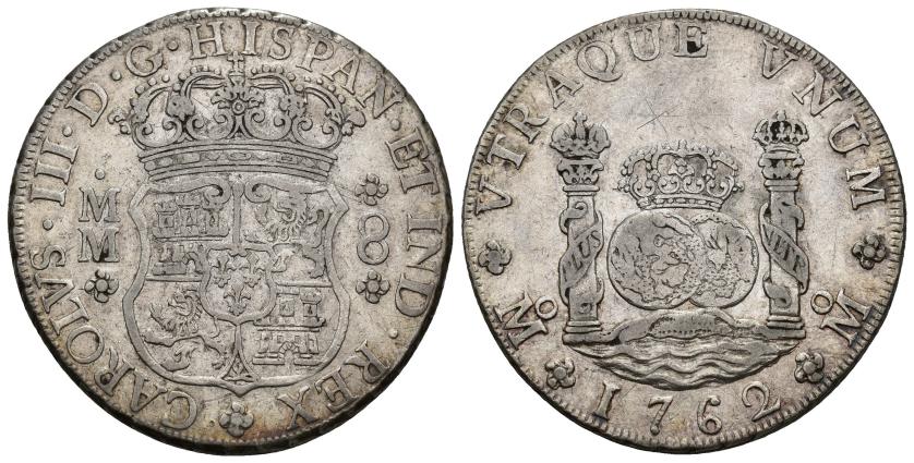 344   -  CARLOS III. 8 reales. 1762. México. MM. AR 27,02 g. 38,3 mm. VI-918. Leve grafito en rev. MBC.