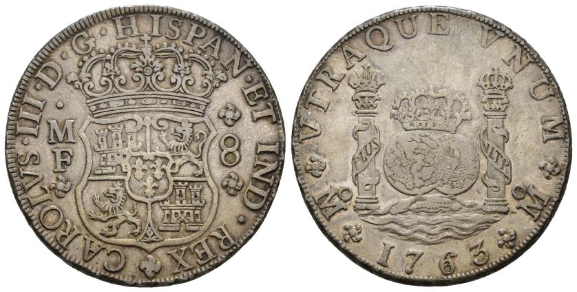345   -  CARLOS III. 8 reales. 1763. México. MF. AR 26,65 g. 38,4 mm. VI-921. MBC.