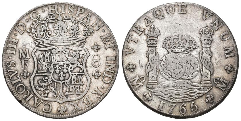 346   -  CARLOS III. 8 reales. 1765. México. MF. AR 27,03 g. 38 mm. VI-923. MBC.