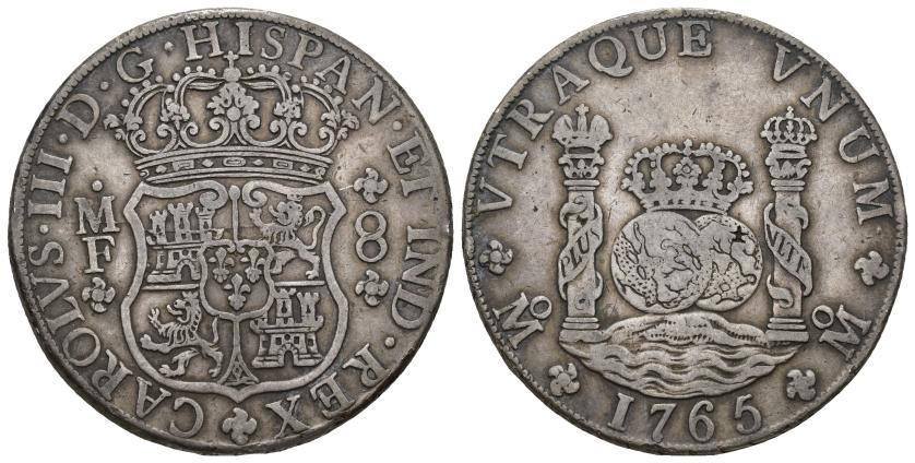 347   -  CARLOS III. 8 reales. 1765. México. MF. AR 26,97 g. 38,1 mm. VI-923. Pequeño resello oriental en rev. MBC.