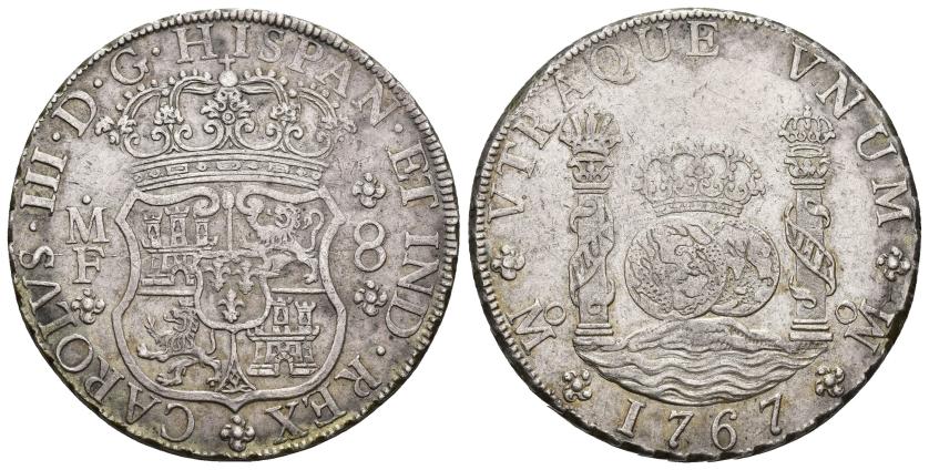 350   -  CARLOS III. 8 reales. 1767. México. MF. AR 26,99 g. 38 mm. VI-925. Rayita en anv. MBC.