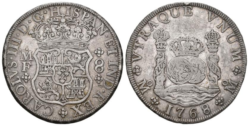 351   -  CARLOS III. 8 reales. 1768. México. MF. AR 26,75 g. 39,4 mm. VI-926. MBC.