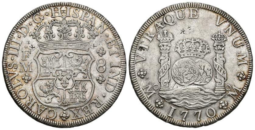 352   -  CARLOS III. 8 reales. 1770. México. FM. AR 26,93 g. 40 mm. VI-929. 7 pequeños resellos orientales. MBC+.