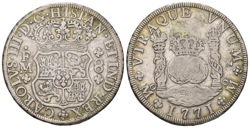 353   -  CARLOS III. 8 reales. 1771. México. FM. AR 26,85 g. 39,8 mm. VI-930. MBC/MBC-. 