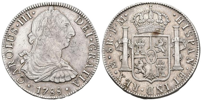 354   -  CARLOS III. 8 reales. 1788. México. FM. AR 26,72 g. 39,2 mm. VI-953. MBC+.