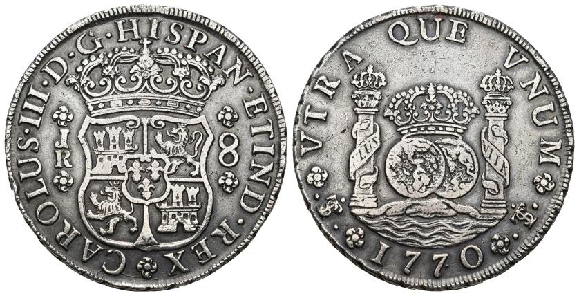 355   -  CARLOS III. 8 reales. 1770. Potosí. JR. AR 26,79 g. 39,9 mm. VI-977. Pequeñas marcas. MBC.