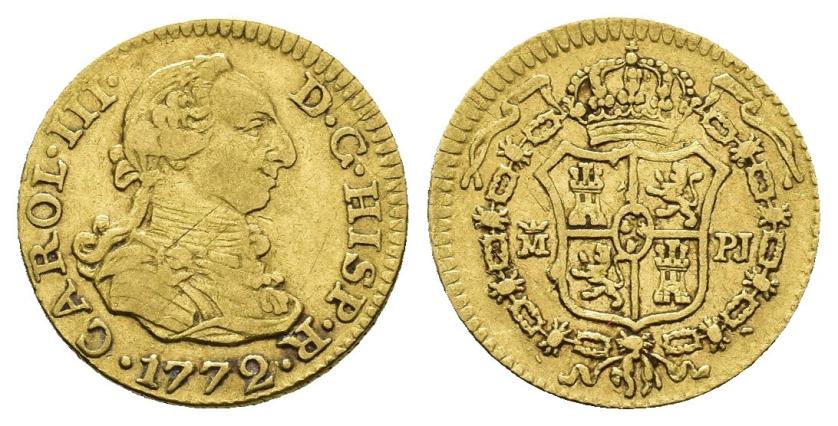 356   -  CARLOS III. 1/2 escudo. 1772. Madrid. PJ. AU 1,73 g. 14,3 mm. VI-1053. Rayitas de acuñación. MBC.