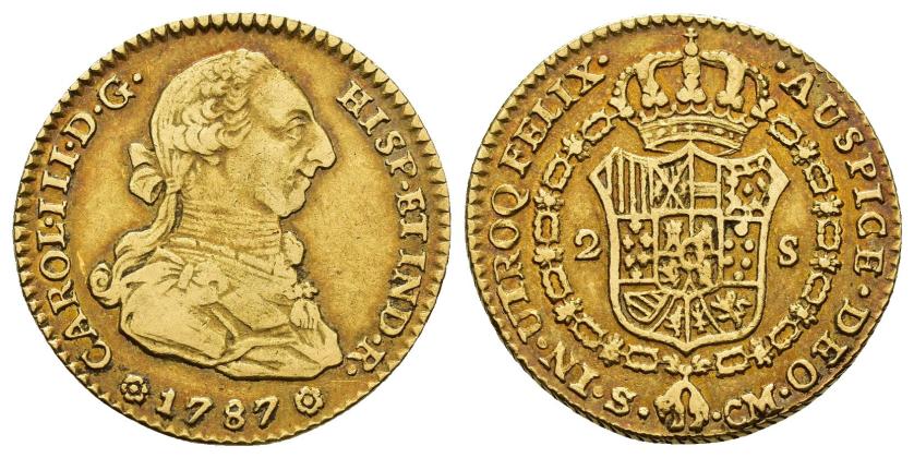 361   -  CARLOS III. 2 escudos. 1787. Sevilla. CM. AU 6,67 g. 22,4 mm. VI-1423. MBC.