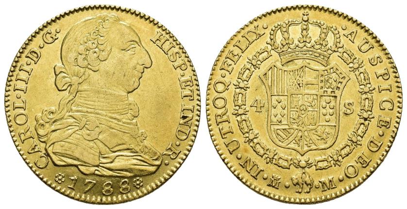 362   -  CARLOS III. 4 escudos. 1788. Madrid. M. AU 13,55 g. 29,6 mm. VI-1472. MBC+.