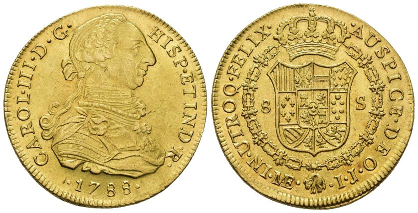 363   -  CARLOS III. 8 escudos. 1788. Lima. IJ. AU 27,13 g. 38,3 mm. VI-1616. B.O. EBC/EBC+.