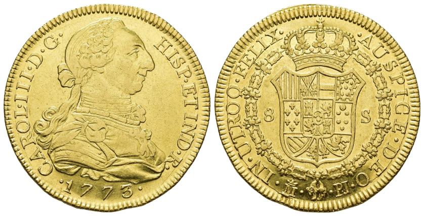 364   -  CARLOS III. 8 escudos. 1773. Madrid. PJ. AU 26,99 g. 37,6 mm. VI-1620. B.O. EBC-/EBC. Escasa.