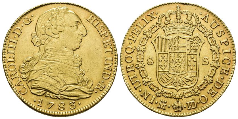 366   -  CARLOS III. 8 escudos. 1783. Madrid. JD. AU 27,01 g. 36,6 mm. VI-1627. Golpecito en canto. Pequeñas marcas. R.B.O. EBC-/EBC. Rara.