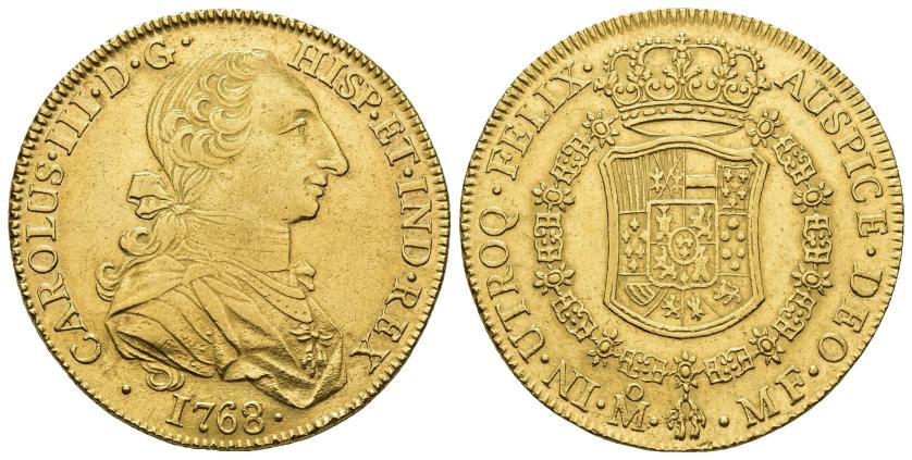368   -  CARLOS III. 8 escudos. 1768. México. MF. AU 27,02 g. 35,9 mm. VI-1644. Ligeramente limpiada. EBC-. Rara.
