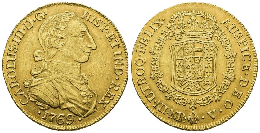 370   -  CARLOS III. 8 escudos. 1769. Nuevo Reino. V. AU 26,92 g. 36 mm. VI-1679. EBC-. Rara.
