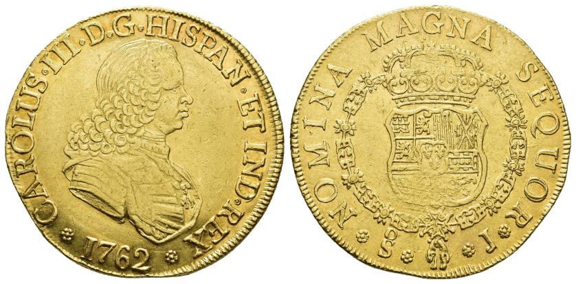 371   -  CARLOS III. 8 escudos. 1762. Santiago. J. AU 26,97 g. 36,4 mm. VI-1742. Vanos en rev. R.B.O. MBC+/EBC-. Rara.