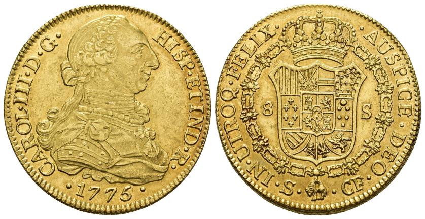 372   -  CARLOS III. 8 escudos. 1775. Sevilla. CF. AU 27,07 g. 37,1 mm. VI-1777. EBC/EBC+. Muy escasa.