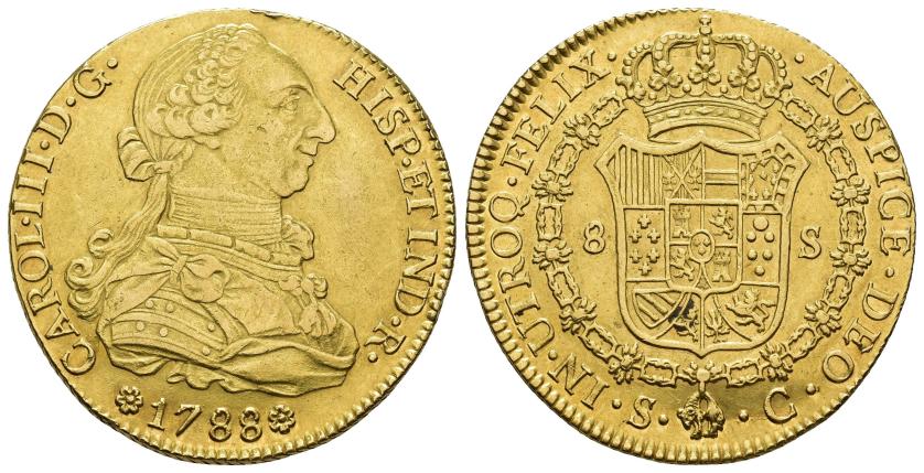 373   -  CARLOS III. 8 escudos. 1788. Sevilla. C. AU 26,99 g. 35,9 mm. VI-1783. Pequeñas marcas. MBC+/EBC-. Escasa.