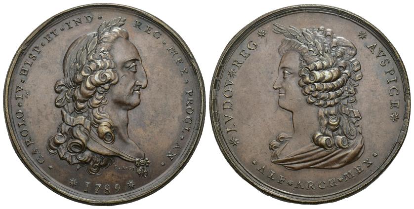 374   -  CARLOS IV. Medalla de proclamación por el arzobispado de México. 1789. Grabador: G.A. Gil. AE 36,74 g. 42,4 mm. Herrera 167 (cobre). Bonita pátina. EBC+. 