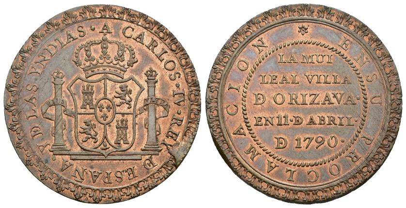 375   -  CARLOS IV. Medalla de proclamación en Orizava. 11 de abril de 1790. AE 14,55 g. 34,3 mm. Herrera-175 (cobre). B.O. SC.