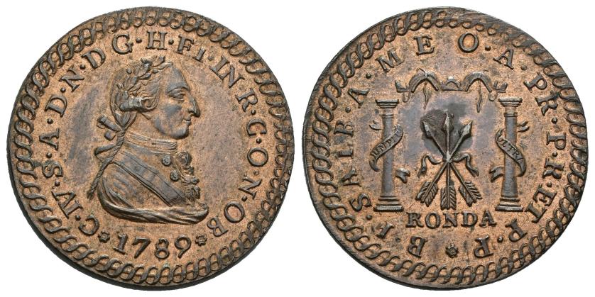 376   -  CARLOS IV. Medalla de proclamación en Ronda. 1789. AE 11,48 g. 29 mm. Herrera 89. B.O. EBC+.
