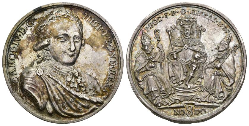 377   -  CARLOS IV. Medalla de proclamación. 1789. Sevilla. Grabador: Gordillo. AR 21,78 g. 35,5 mm. Herrera-95. Manchas. EBC-/EBC.