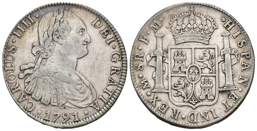 380   -  CARLOS IV. 8 reales. 1791. México. FM. AR 26,87 g. 39,1 mm. VI-787. MBC.