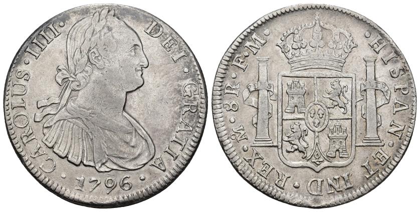 382   -  CARLOS IV. 8 reales. 1796. México. FM. AR 26,95 g. 40,3 mm. VI-792. MBC/MBC+. 