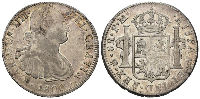 384   -  CARLOS IV. 8 reales. 1800. México. FM. AR 26,97 g. 39,3 mm. VI-796. Vano en rev. R.B.O. MBC+/EBC-.