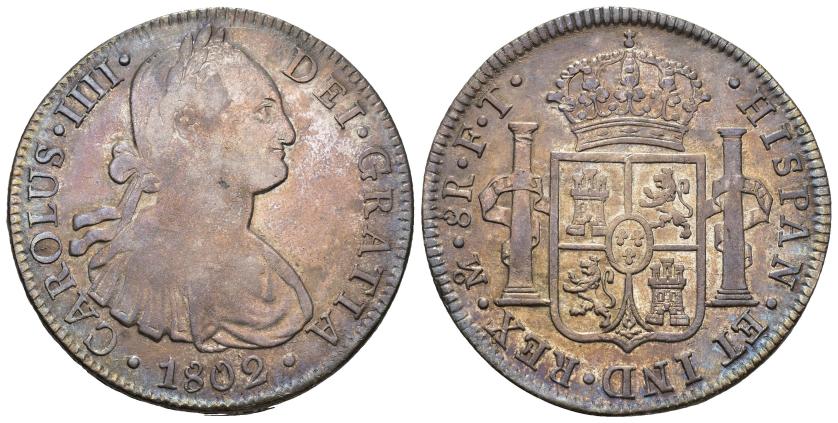 385   -  CARLOS IV. 8 reales. 1802. México. FT. AR 26,80 g. 40,1 mm. VI-799. Pátina gris. R.B.O. MBC-/MBC+.
