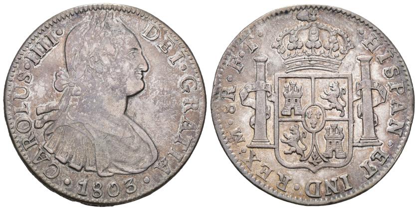 386   -  CARLOS IV. 8 reales. 1803. México. FT. AR 26,81 g. 39,4 mm. VI-800. Golpecito en gráfila. MBC/EBC-.