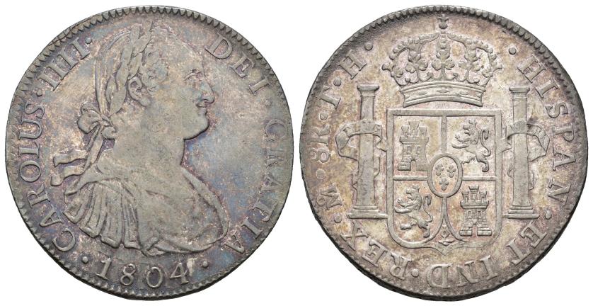 387   -  CARLOS IV. 8 reales. 1804. México. TH. AR 26,85 g. 39,5 mm. VI-802. Pátina azulada. R.B.O. MBC+/EBC.