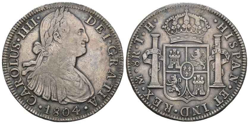 388   -  CARLOS IV. 8 reales. 1804. México. TH. AR 26,63 g. 40,1 mm. VI-802. Rayitas en anv. MBC/MBC+.