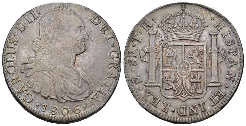 389   -  CARLOS IV. 8 reales. 1806. México. TH. AR 26,88 g. 39,9 mm. VI-804. Rayitas y ligera plata agria. Pátina gris. MBC+.