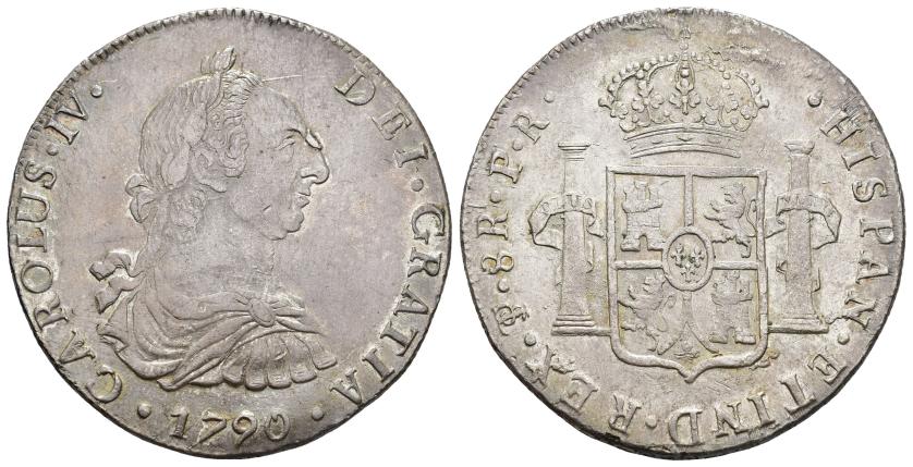 390   -  CARLOS IV. 8 reales. 1790. Potosí. PR. AR 26,84 g. 41,7 mm. VI-809. Pequeña rebaba en la nariz y rebabas en rev. MBC+.