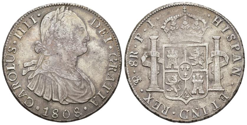 391   -  CARLOS IV. 8 reales. 1808. Potosí. PJ. AR 26,91 g. 39,2 mm. VI-828. MBC-/MBC.