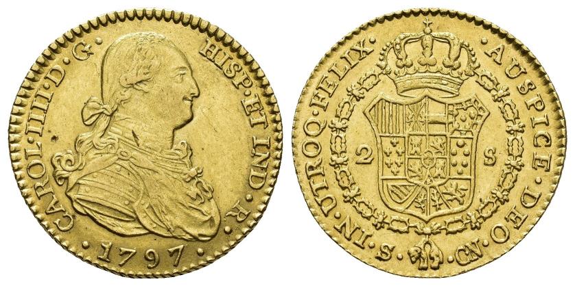 393   -  CARLOS IV. 2 escudos. 1797. Sevilla. CN. AU 6,81 g. 22,5 mm. VI-1158. Rayita y punzón en anv. EBC-/EBC.