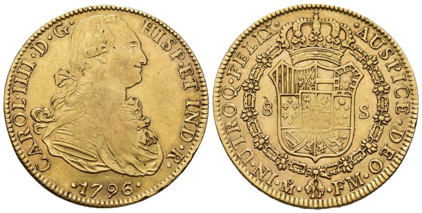 398   -  CARLOS IV. 8 escudos. 1796. México. FM. AU 27 g. 36,8 mm. VI-1332. Vano en rev. MBC.