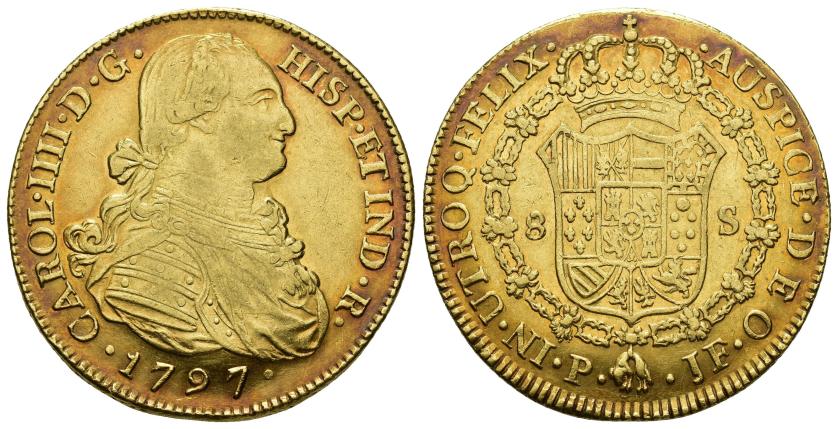 402   -  CARLOS IV. 8 escudos. 1797. Popayán. JF. AU 27,01 g. 37,1 mm. VI-1377. Pátina rojiza. R.B.O. MBC+.