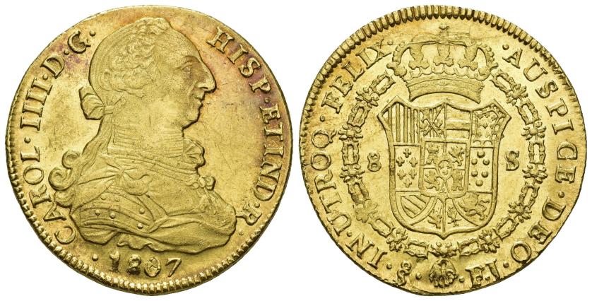 403   -  CARLOS IV. 8 escudos. 1807. Santiago. FJ. AU 27,15 g. 36,7 mm. VI-1435. Pequeñas marcas. B.O. EBC-/EBC+.