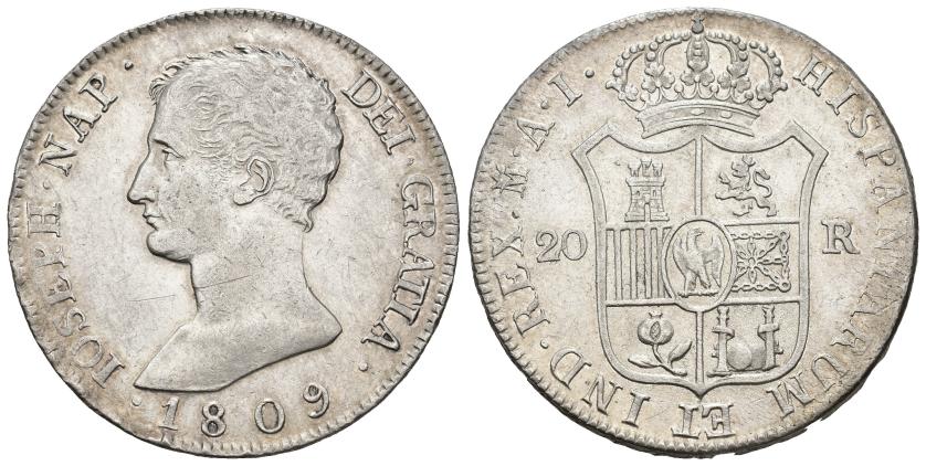407   -  JOSÉ I BONAPARTE. 20 reales. 1809. Madrid. AI. AR 26,96 g. 39,6 mm. VI-30. MBC+.
