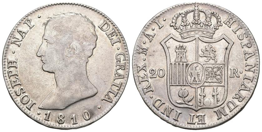 408   -  JOSÉ I BONAPARTE. 20 reales. 1810. Madrid. AI. AR 26,63 g. 39,7 mm. VI-31. MBC/MBC+.
