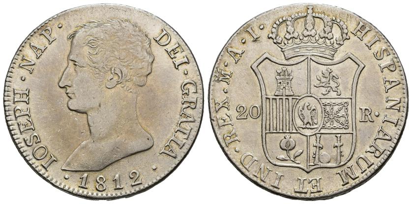 409   -  JOSÉ I BONAPARTE. 20 reales. 1812. Madrid. AI. AR 26,79 g. 39,6 mm. VI-35. MBC+. Muy escasa.