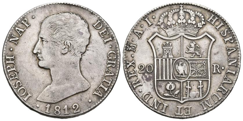 410   -  JOSÉ I BONAPARTE. 20 reales. 1812. Madrid. AI. AR 26,83 g. 39,3 mm. VI-35. MBC. Escasa.