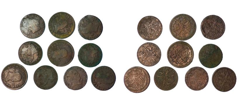 417   -  FERNANDO VII. Lote de 10 piezas de 8 maravedís: Fernando VII -7: Jubia (4) y Segovia (3), e Isabel II -3, Segovia (2)-. Calidad media BC+.