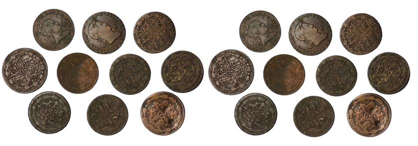 422   -  FERNANDO VII. Lote de 10 piezas de 8 maravedís: Carlos III (1), Fernando VII -7: Jubia (5), Segovia (2)-, e Isabel II -2, Segovia-. RC/MBC.