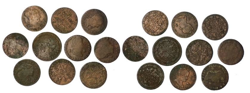 423   -  FERNANDO VII. Lote de 10 piezas de 8 maravedís: Fernando VII -7: Jubia (4) y Segovia (3), e Isabel II -3, Segovia-. BC/MBC.