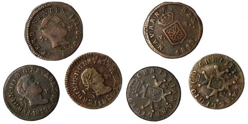 426   -  FERNANDO VII. Lote de 3 monedas de 1 maravedí. Pamplona: 1819, 1820 y 1829. Calidad media MBC-.