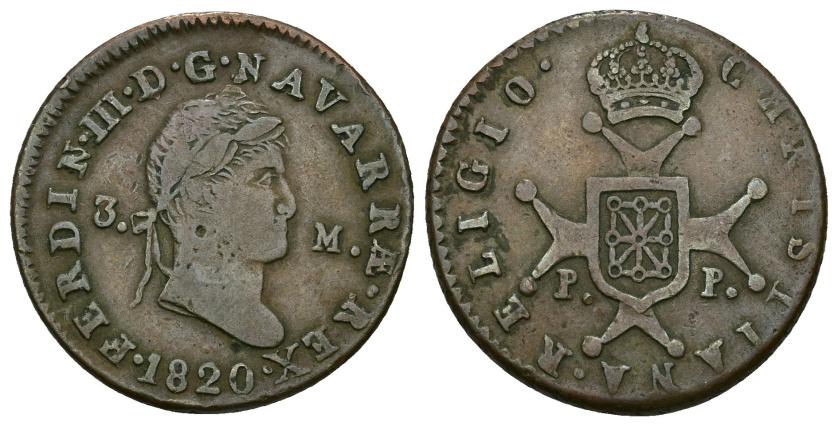 428   -  FERNANDO VII. 3 maravedís. 1820. Pamplona. Cu 6,84 g. 25,78 mm. VI-157. Pequeñas marcas. MBC-.